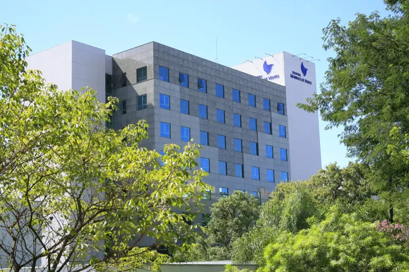 Prédio do Hospital Moinhos de Vento entre as árvores, em Porto Alegre