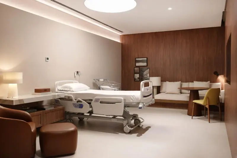 Suíte da maternidade Pro Matre Paulista, com berço ao lado da cama e sofá